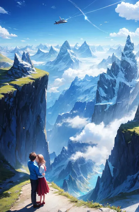 A Couple flying in the sky with a blue aura around them, mountains down the valley, particles scattered everywhere, detailed sky,  effect , magical