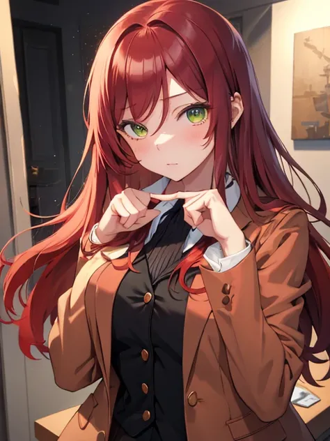 masterpiece, best quality, 1girl, long red hair, green eyes, upper body, nervous, looking at viewer, index fingers together, blazer,