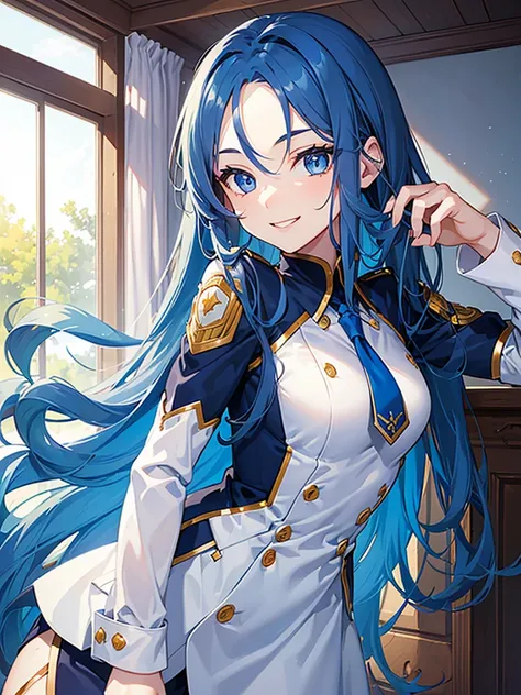 (1 blue long hair girl, Forehead:0.3, Detailed blue eyes:1.3, Sexy smile, in uniform), Leaning forward, In high school, Soft light. masutepiece, Beautiful detailed glow.