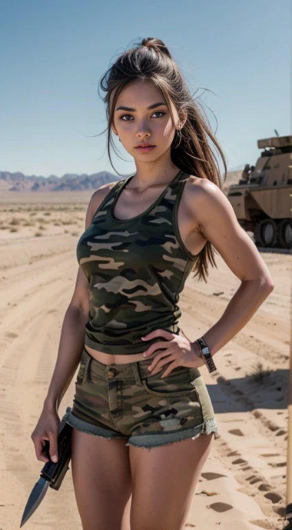 military girl, tank top, camo, knife , low cut , alone in desert