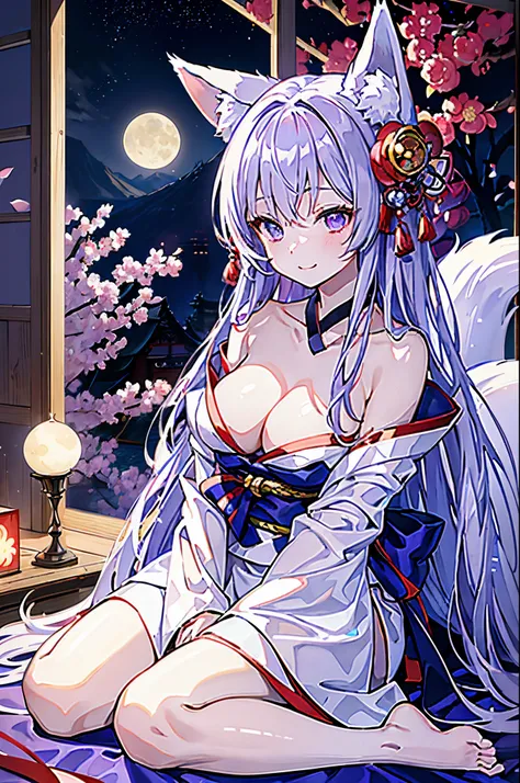 (8K、Top image quality、top-quality、​masterpiece)、1 girl in、White long hair、Fox ears、Purple eyes、A slight smil、large full breasts、Shoulders are protruding、Kimono、Nine Tails、bare-legged、wariza、Moon Night、Japanese-style room background