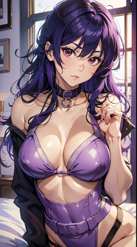 Suko Kusanagi, Purple colored hair, red eyes,anime style beautiful woman, lie on bed， (tmasterpiece, Best quality:1.2), cow boy shooting, Alone, 1 busty girl, Highest resolution，distinct_Image of a）Best quality， maam， tmasterpiece， The is very detailed， Se...