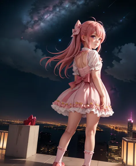 a girl on the top of a skyscraper,  looking at viewer, blush, sky, night, starry sky, galaxy, outdoors, cityscape, full body, bo...