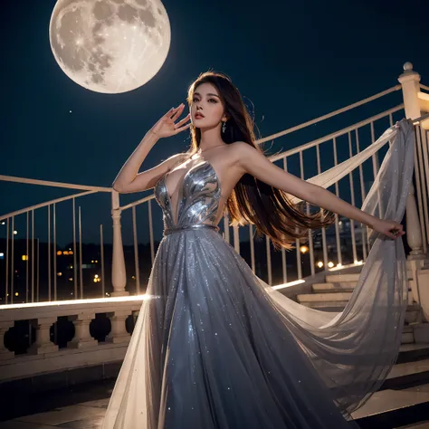 beautifui, perfect shadows, perfect lights, perfect Miss universe, perfect pose, perfect view, best angle, five fingers, fingers in order, ramp walk pose, marnier moon shining behind, hair is moonlit