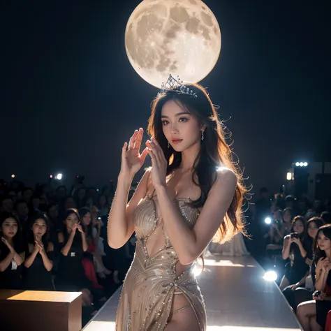 beautifui, perfect shadows, perfect lights, perfect Miss universe, perfect pose, perfect view, best angle, five fingers, fingers in order, ramp walk pose, marnier moon shining behind, hair is moonlit