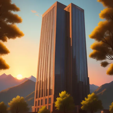 3 tall building with windows outside the trees and mountains with the sunset in a cartoon