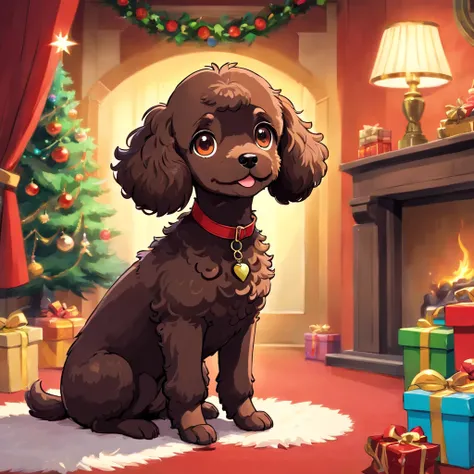 (masutepiece), Best Quality, Expressive eyes, Perfect face, black chocolate toy poodle, fluffy fur, slender and elegant dog、Christmas