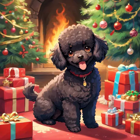 (masutepiece), Best Quality, Expressive eyes, Perfect face, black chocolate toy poodle, fluffy fur, slender and elegant dog、Christmas