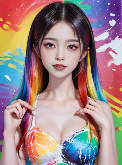 (masutepiece, Highest Quality, High resolution), The background is fractal art, Rainbow colors, ((paint splashes, Color splash, Ink splash)), (Fractal Art), Sweet Chinese Girl, rainbow-colored hair, Peach Lips , Gentle smile, front, Upper body