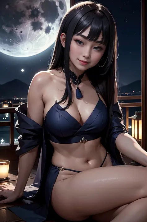 night, moon, moonlight, sake, drunk, grin, seductive look, sitting, a beautiful face, the perfect face,