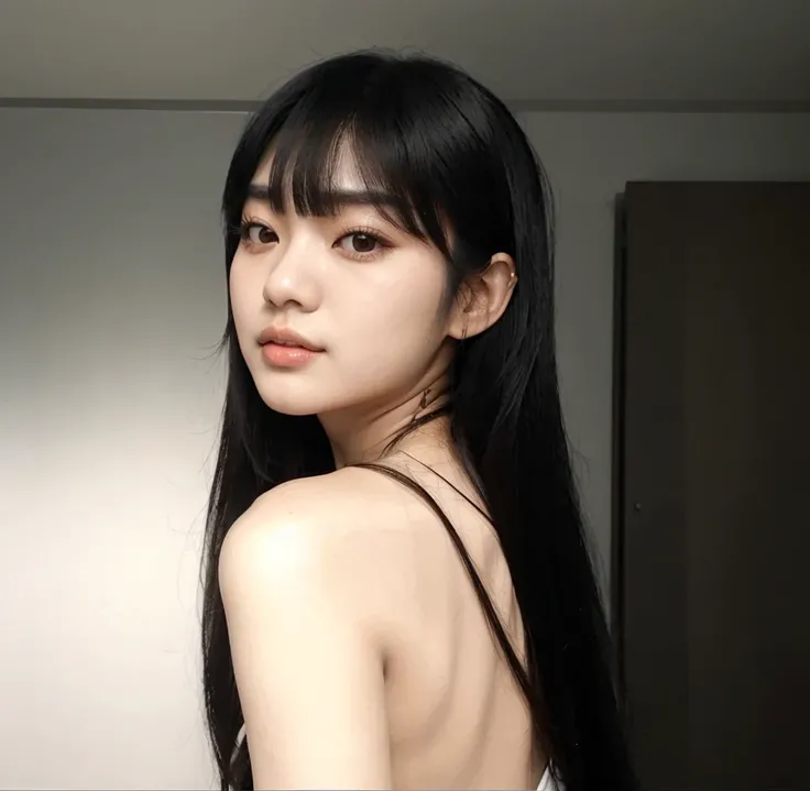 Araffe asian woman with long black hair and a white top, Ela tem cabelo preto com franja, Mulher sul-coreana bonita, cabelo preto longo com franja, menina coreana, cabelos longos com franja, linda mulher coreana jovem, cabelo comprido com franja completa, ...