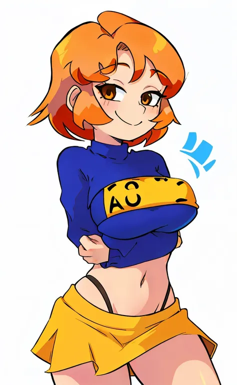 Sexy smiling anime girl with short orange hair and big boobs posing in sweater and mini skirt