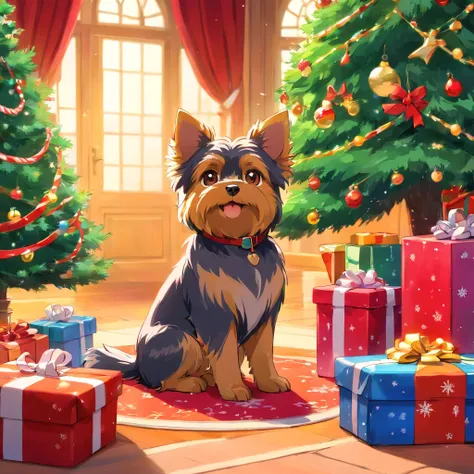 Generate artwork inspired by Ghibli anime、A magical Christmas setting featuring a Yorkshire terrier.. While emphasizing Ghibli style、Infuse the holiday spirit. Use vibrant colors, Enchanting light, and sense of wonder. The Yorkshire Terrier、You should be s...