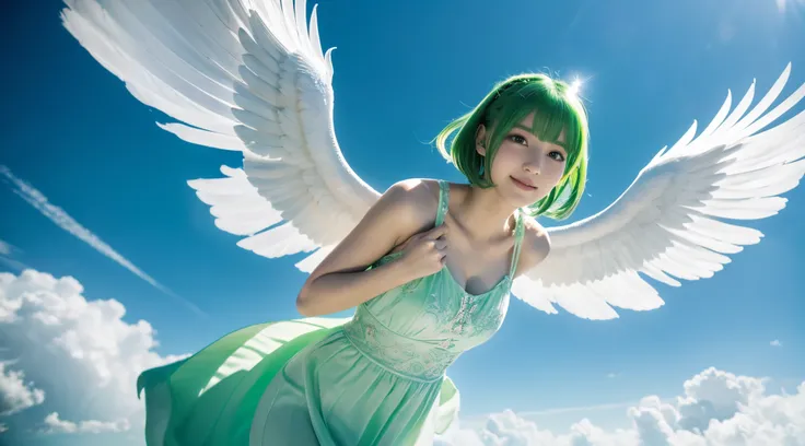 (top-quality,8K picture quality,​masterpiece:1.3,),(超A high resolution,Photorealsitic:1.4,Raw photography),(ultra-detailliert,Caustics,perfect anatomia),(Ultra-realistic capture,Beautifully detailed skin),A girl flies in the sky with big angel wings on her...