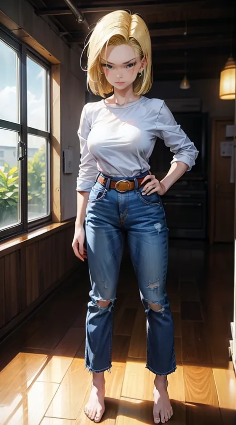 full body, barefoot, standing on bed, masterpiece, best quality, ultra-detailed, absurdres, Potrait of beautiful Android18DB, solo, denim, breasts, belt, big breasts, volumetric lighting, best quality, masterpiece, intricate details, tonemapping, sharp foc...