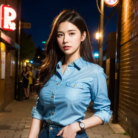 (realistic, high resolution:1.3), 1 girl with perfect figure, super fine face and eyes, long hair, big breasts, Standing against a brick wall, hands in pockets, giving a smoldering gaze, fitted black button-down shirt with rolled-up sleeves, tailored chino...