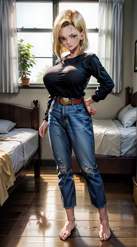 full body, barefoot, standing on bed, masterpiece, best quality, ultra-detailed, absurdres, Potrait of beautiful Android18DB, solo, denim, breasts, belt, big breasts, volumetric lighting, best quality, masterpiece, intricate details, tonemapping, sharp foc...