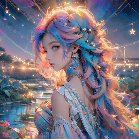 (masterpiece, top quality, best quality,watercolor (medium),official art, beautiful and aesthetic:1.2),(1girl:1.3), (fractal art:1.3),upper body, from side, looking at viewer,patterns,(rainbow color Hair,colorful hair,half blue and half pink hair:1.2),wate...