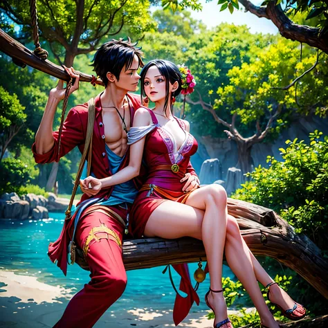 a woman Boa Hancock sitting on a swing next to a man Monkey D Luffy , swing on a tree, by a, swinging on a vine over a chasm, photoshoot, couples portrait, jovana rikalo, hanging from a tree, in a tree, on a tree, sitting on a tree, Onepiece