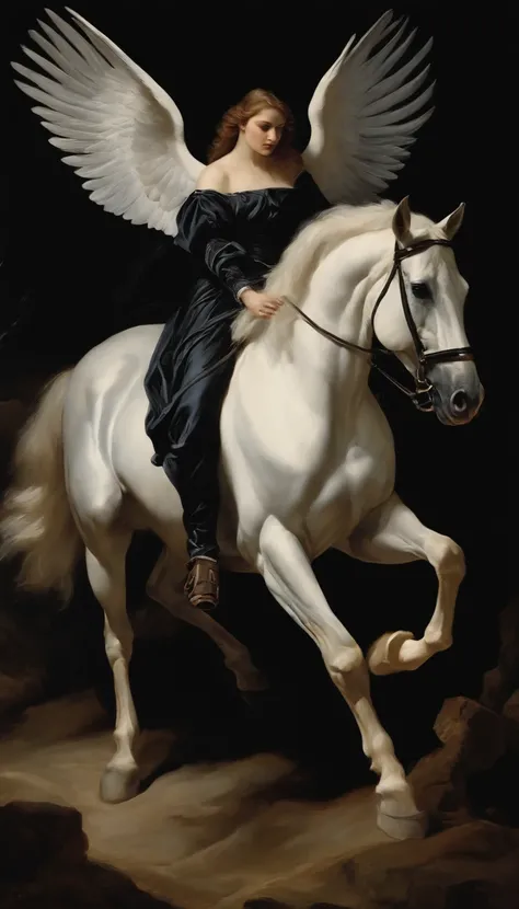 an oil painting,, A breathtaking masterpiece, Vivid,  Caravaggio, 8K，angelicales，Fallen Angel，Fallen angel riding a white horse，dark angel，Black Angel，Hakuba、Black clothe，Black wings