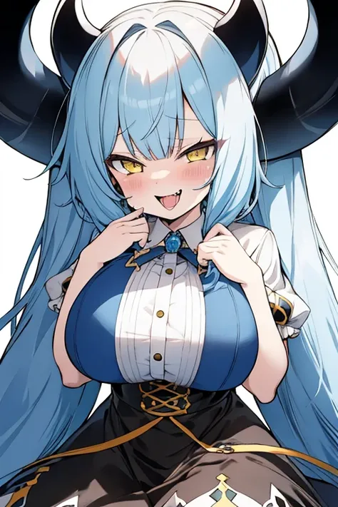 Kawaii Girl,Happy face,sky blue hair,Yellow eyes,Very long straight hair,demonic horns,ultra gigantic tits,Goth loli costume,(hardcore,oralsex),Looking at Viewer,White background