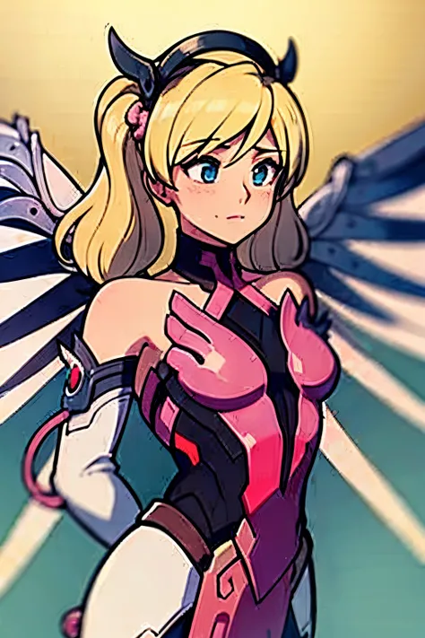 Mercy, overwatch, best quality, master part, extremamente detalhado, Antecedentes detalhados, 1girl, sozinho, cabelos longos, flor, fundo branco, Flor Rosa, fundo simples, Perfil, parte superior do corpo, camisa, camisa branca, flor branca, arco, franja, f...