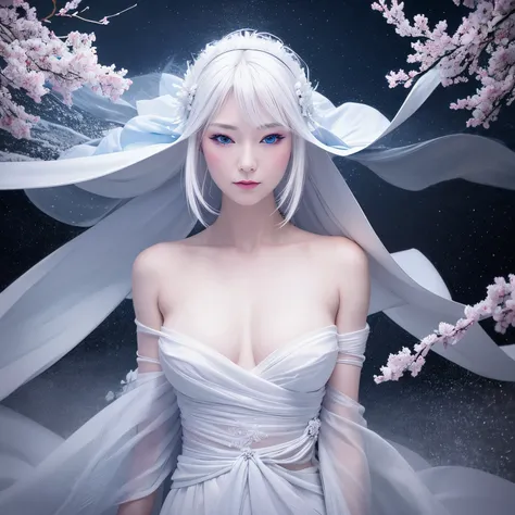 super high quality, 8k, RAW photo, realistic, detailed and delicate depiction and flashy and dynamic painting method, beautiful snow woman is looking down, white hair, white eyes, white Japanese kimono, powder snow and peony snow are falling, snowstorm, ba...