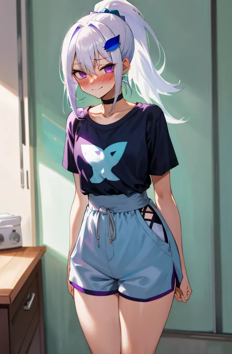 One girl with high ponytail hair, white hair, blue inner hair, purple eyes, looking at viewer, sleepy, blushing, embarrassed, little smile, wake up from sleep, t shirt, sport shorts, bedroom, thigh, slim, dizzy, choker, mid-chest, wide hips, perfect waist,...