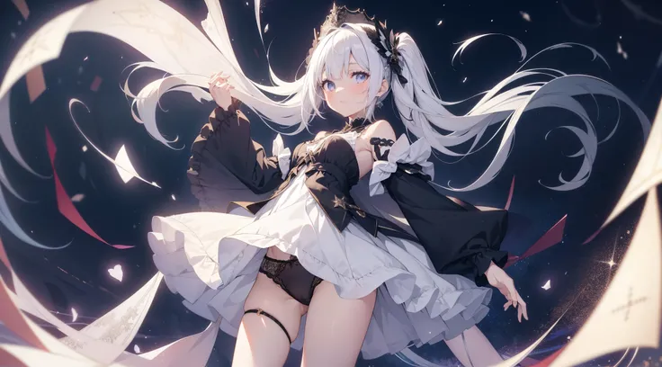 (best quality, masterpiece), 1girl, loli, glitter, short sexy cute white dress, particle, wind, black panties showing, dark elaborate detailed elegant background, wallpaper, white hair, left knee in front with panties showing, righ leg down to the side, ma...