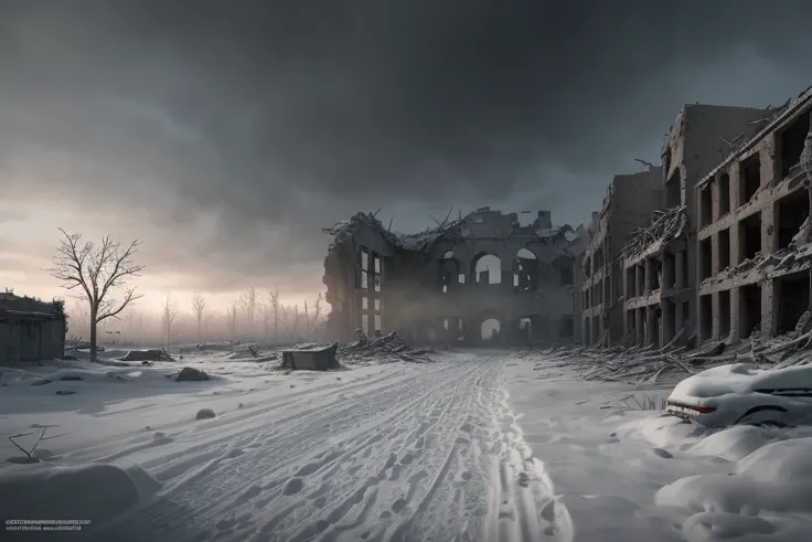 masterpiece, 
best quality, ultra-detailed, (photorealistic), snow, blizzard, post apocalyptic, ruins of war,