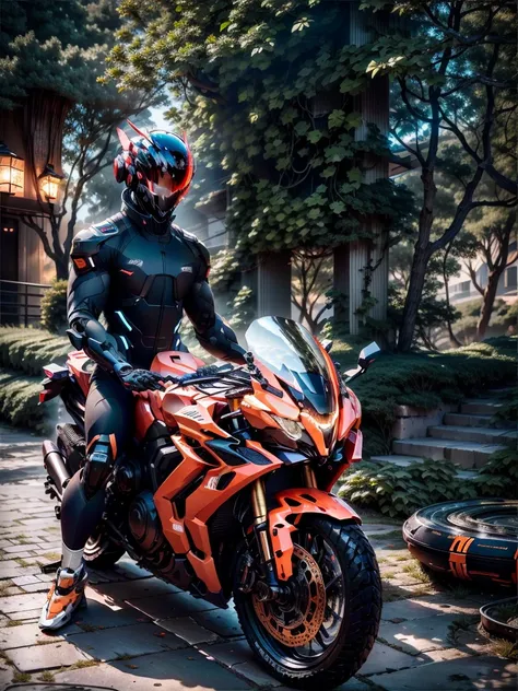 handsome guy network, Handsome warrior, Full body mecha，Information mechanical motorcycle，High-tech black high-tech helmet，nour， Biomechanicals， MSHN Robot Man，High-tech helmet，hyper realisitc， steel， Complex design， insanely details， Detailed pubic hair， ...