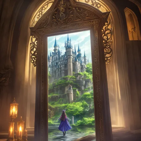 A magical world in a mirror, where there is a castle with a demon aura, and a wicked beast outside the gate --auto --s2