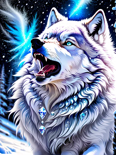 A majestic high-quality white wolf stands on the top of a snowy mountain。, (dimly glowing fur:1.2), (((Diamond dust that shines beautifully is made of fine ice crystals.:1.4))), (((Effect coating of howling wind and swirling snow:1.5))), (((Psychedelic neb...