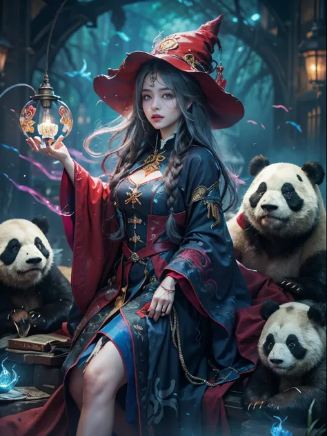 The crystal castle sealed in the magic book,bloods,natta, Dark, (dream-like),unlimited,dark blue sky,The abyss of knowledge,hooding,((On a table)), (((Best quality at best))),((beautiful fine eyes)),(eyeslashes)、(((Beautiful girl riding a giant panda)))、(1...