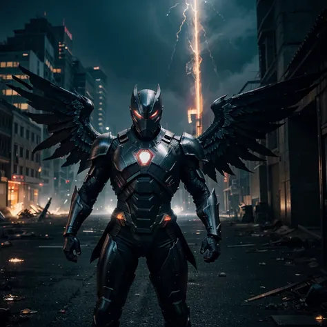 blackwarrior,armour,tokusatsu,shiny black armor,sharp edges,rivets,glowing red eyes,muscular build,sword,wings,capes,heroic pose,nighttime scene,dynamic action,neon lights,energetic movement(vibrant,exciting,action-packed),powerful,superhero,urban backgrou...