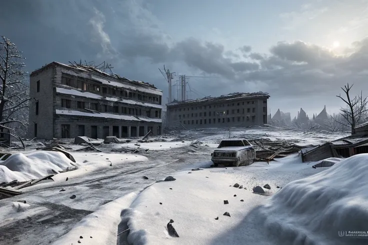 masterpiece, 
best quality, ultra-detailed, (photorealistic), snow, blizzard, post apocalyptic, ruins of war,