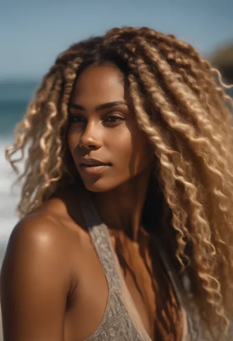 arafed woman with soft wavy boho dreadlocks with blonde highlight, on a beach looking at the camera, photo of a beautiful woman, she has  caramel   skin, photo of a black woman, african american young woman, gorgeous woman, mixed-race woman, black young wo...