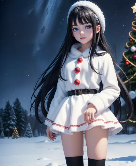 9 year old girl, full body, christmas sparkly snowy night, christmas uniform miniskirt, detailed blue eyes, long black hair, chr...