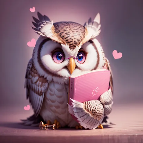 super cute owl and books and hearts and eyeglasses smiling, pink color mockup, isolated background, fine luster clean background, dreamland 3D render, Soft focus, oc, blender IP, best quality, 8k –niji 5 –style expressive --auto --s2