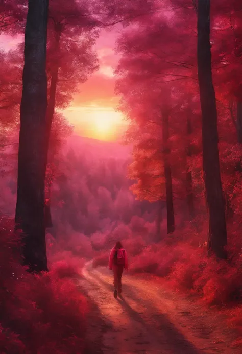 best landscape jangle, fiery, red-pink sunset, walking through forest, magical, wobbly