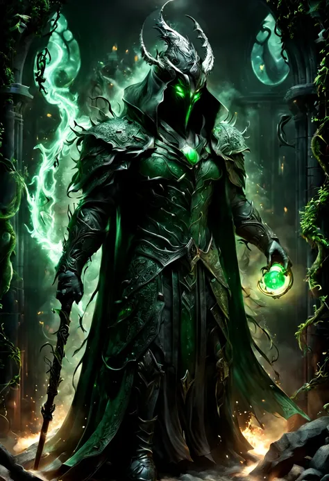 (snow art:1.4), venomous sorcerer, ominous dark robes, glowing green eyes, holding a staff with a serpent design, mystical green flames, poisonous mist swirling, ancient spellbooks, dark stone castle interior, detailed arcane symbols, menacing expression, ...