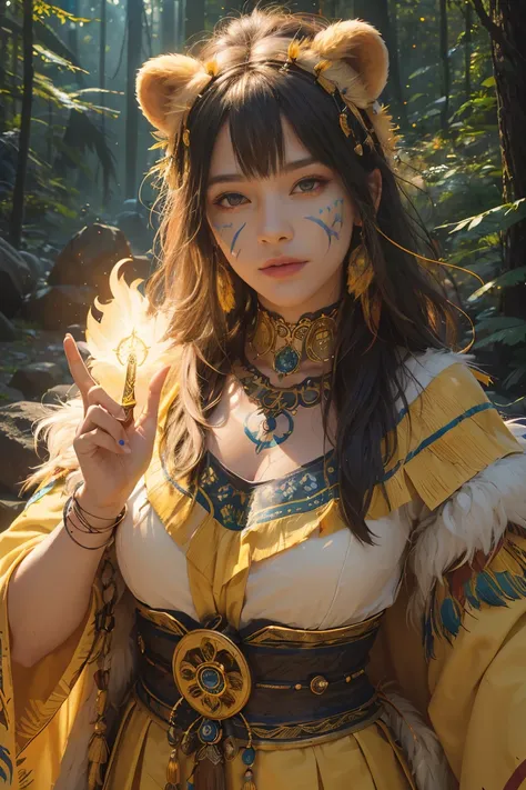 "(best quality,4k,highres,realistic:1.2),detailed shaman with a unique haircut,yellow aura in the shape of a bear,medium:spiritualism,forest background,feathers,colorful face paint,ancient symbols,transcendent experience,harmonious nature,soft lighting,vib...