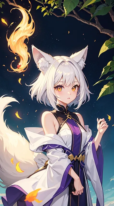 Fox Girl　teens girl　Lori　White hair　big tail　fluffy tail　kawaii　Beautiful skin　Amber eyes　high-level image quality　hightquality　wall-paper　shorth hair　short-cut　Hair short　Hair to the shoulders　robe　sorcerer　cana　Purple Flame