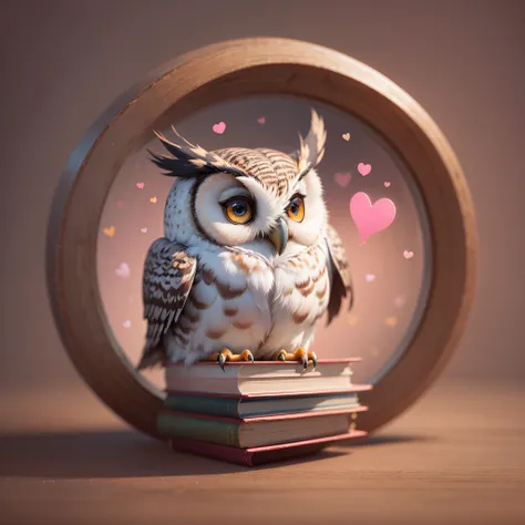 super cute owl and books and hearts and eyeglasses smiling, pink color mockup, isolated background, fine luster clean background, dreamland 3D render, Soft focus, oc, blender IP, best quality, 8k –niji 5 –style expressive --auto --s2