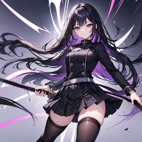 Black hair, purple eyes, long hair, beautiful female, smile, black uniform, intricate skirt, black skirt, black knee socks up to thighs, sword in right hand