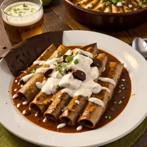 Create an exquisite dish of Mexican enchiladas bathed in a mole poblano sauce and accompanied by a Noche Buena beer and served in a typical Mexican restaurant.