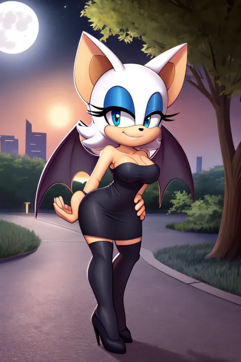 full body, rouge the bat, seductive, bare shoulder,
little black dress, strapless dress, short bodycon dress, skin-tight dress, full moon, at night, park background smile, hand on hip, 2D illustration