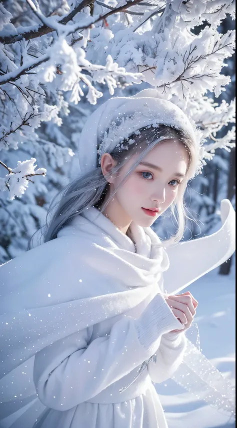 (best quality,highres,ultra-detailed,realistic),white,silver-covered world, snow-covered tree branches, cold winter touch, dancing snowflakes like elves, turning the world into a silver fairy tale, howling cold wind, serene and beautiful snow scenery, hear...