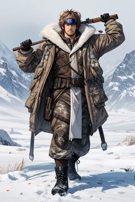 //Character
1man, snowy moutain hunter, big and musclar, unchained strong man,   ultra detailed face, grim face,   extra short hair ,  brown hair , multi color hair,  shaggy bangs,  
BREAK
//Fashion
snowy mountain hunter attire
 her outfit is inspired by h...