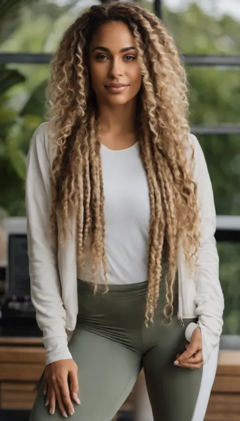 arafed woman with soft wavy boho dreadlocks with blonde highlight, photo of a beautiful woman, she has  light caramel skin with yellow undertones, gorgeous woman, mixed-race woman,  gorgeous beautiful woman, mixed race woman, with textured hair and skin, t...